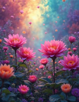 The primary subject of the image is a field of pink flowers, with a vibrant and lively atmosphere. The setting is a garden, and the visual style is a combination of photo and digital art. The flowers are the main focus of the image, and their vivid pink color creates a cheerful and uplifting mood.